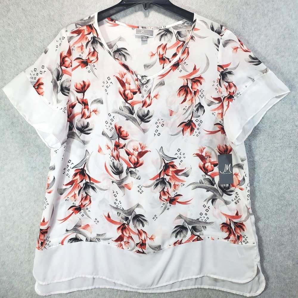 JM Collection Blouse Women XL White Floral Short Sleeve Studded Keyhole Career